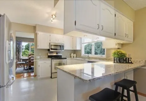 Finished white cabinets in a completed kitchen · Bloomington