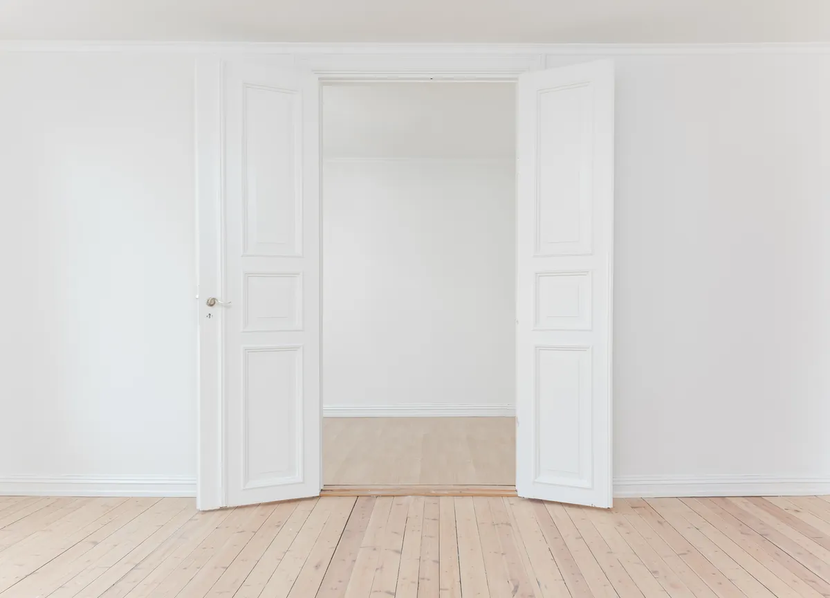 Empty white room with a pair of open white raised-panel doors, white baseboards and door casing, and a pale pine plank floor