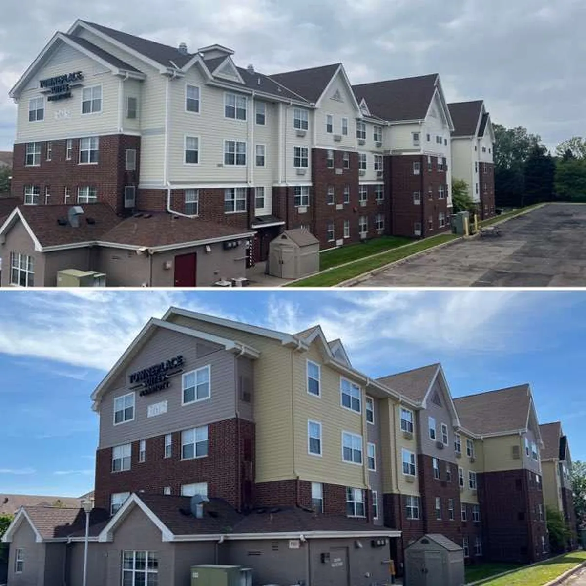 Before (top) and after (bottom): Marriott hotel exterior · Eagan